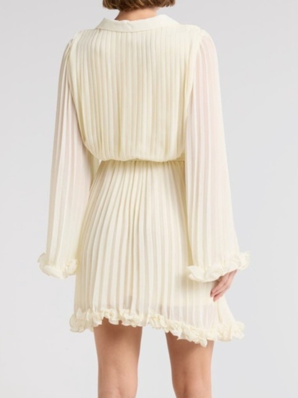 Mila Mae Long Sleeve Pleated Chiffon Faux Wrap Minidress - Cream. - Picture 3 of 4